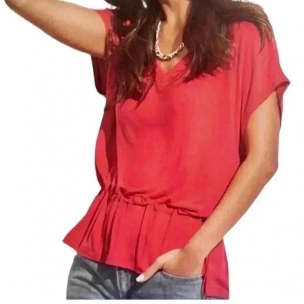 CABI Red Deep V Short Sleeve Top, Medium, Red Cinch Waist